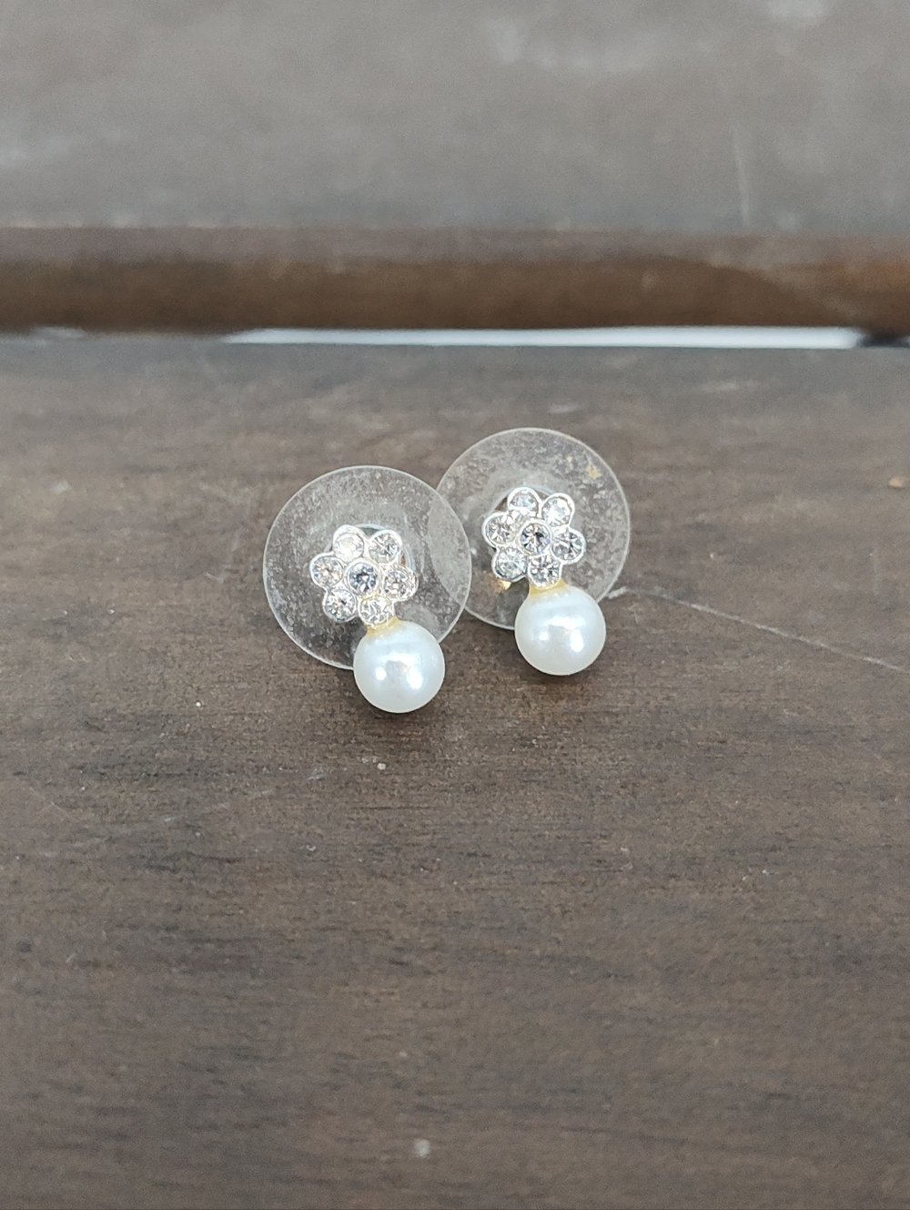 Crystal Flower Faux Pearl Drop Stud Earrings - White